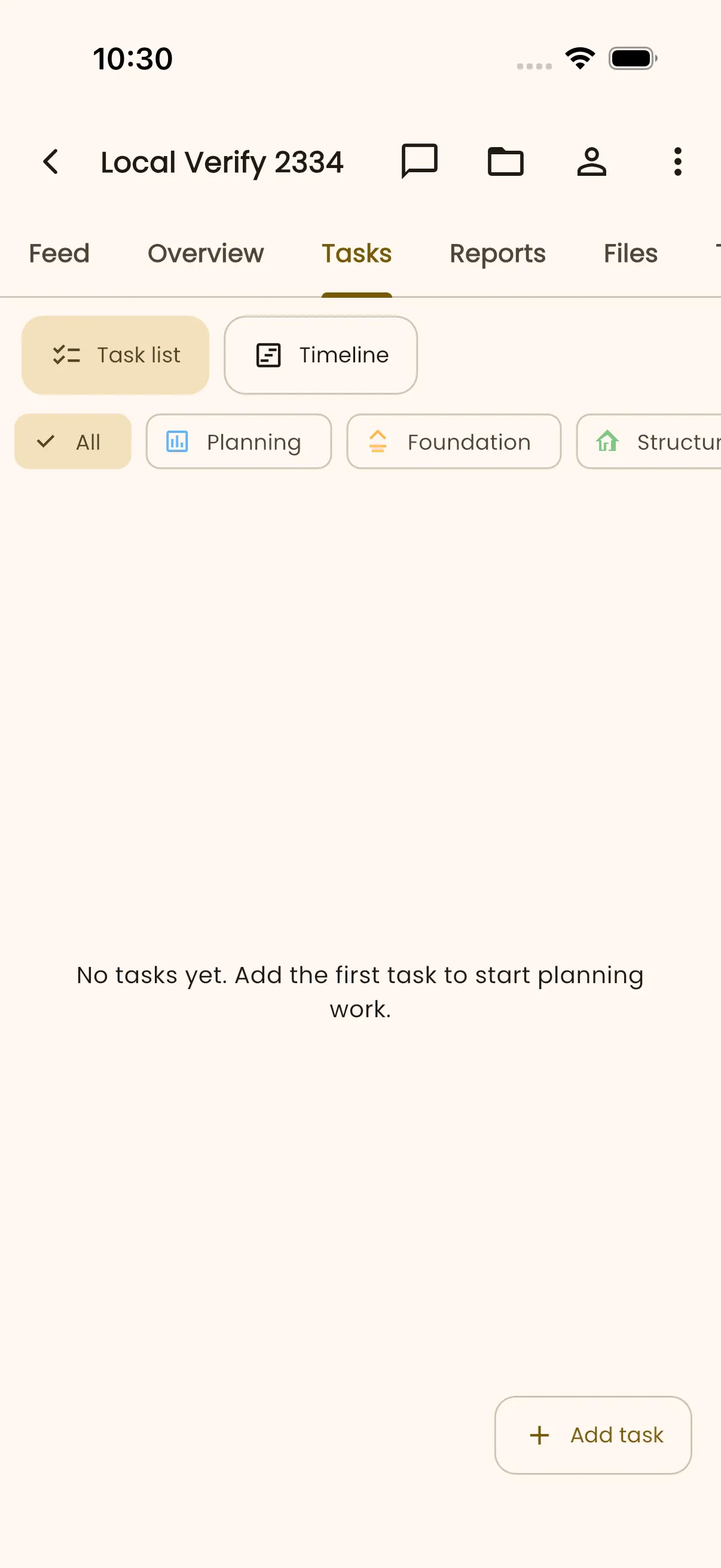 InBuildr project Tasks tab showing the task list, Timeline option, empty state, and add action.