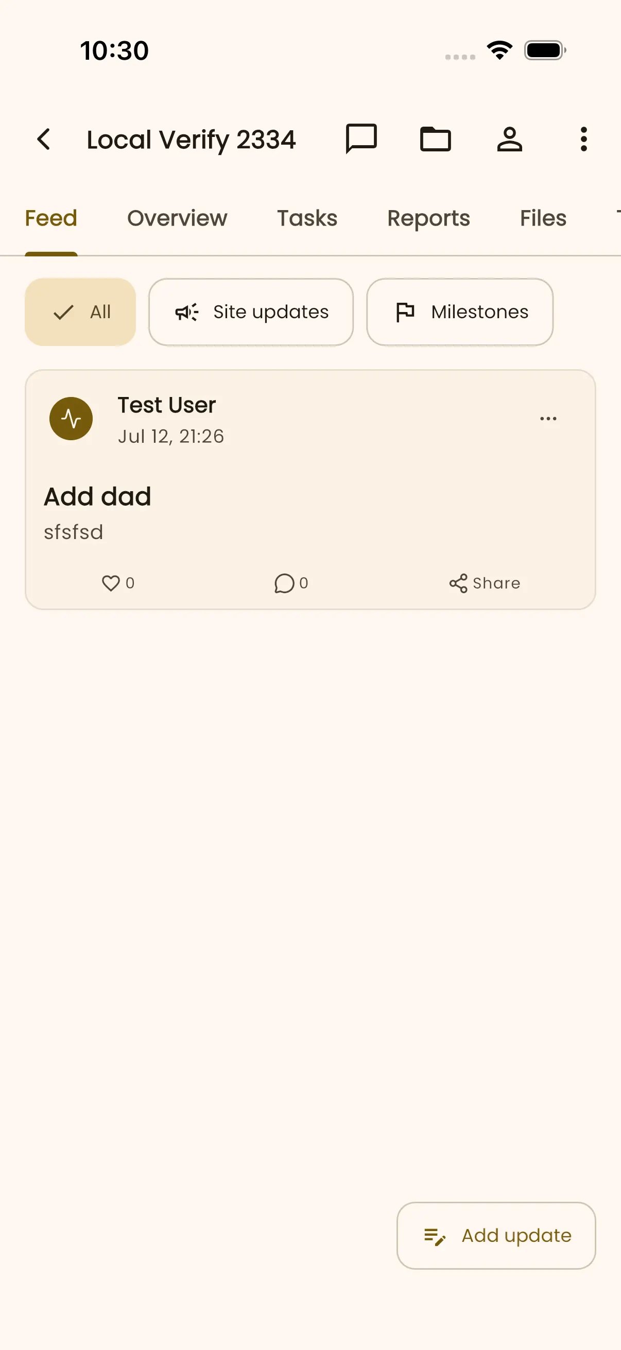 InBuildr project feed showing the Feed tab, update filters, update cards, and an Add update action.