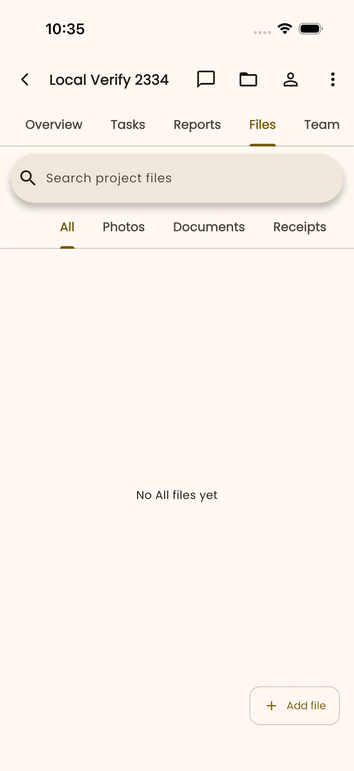InBuildr project Files tab showing the search field, file filters, empty state, and Add file action.