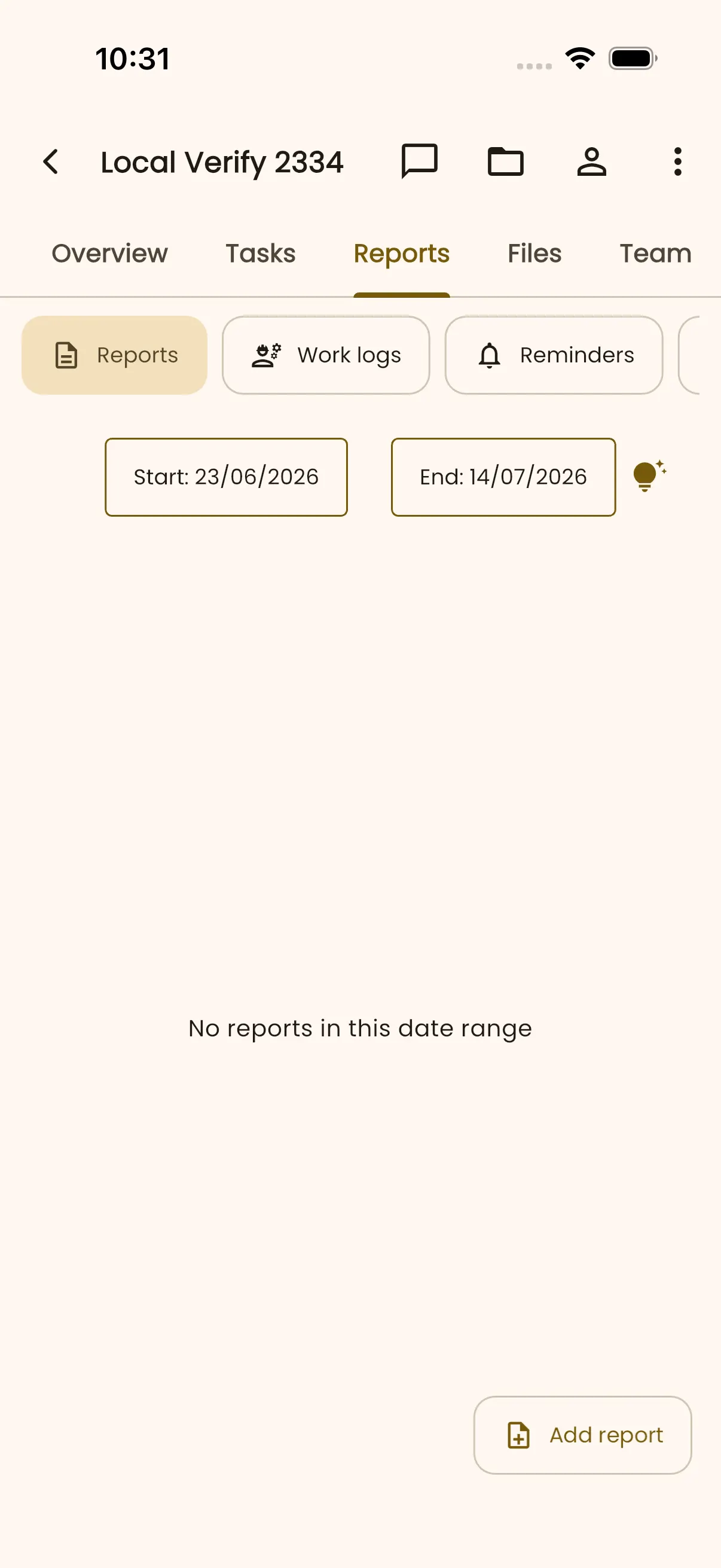InBuildr project Reports tab showing date filters, report categories, and an Add report action.