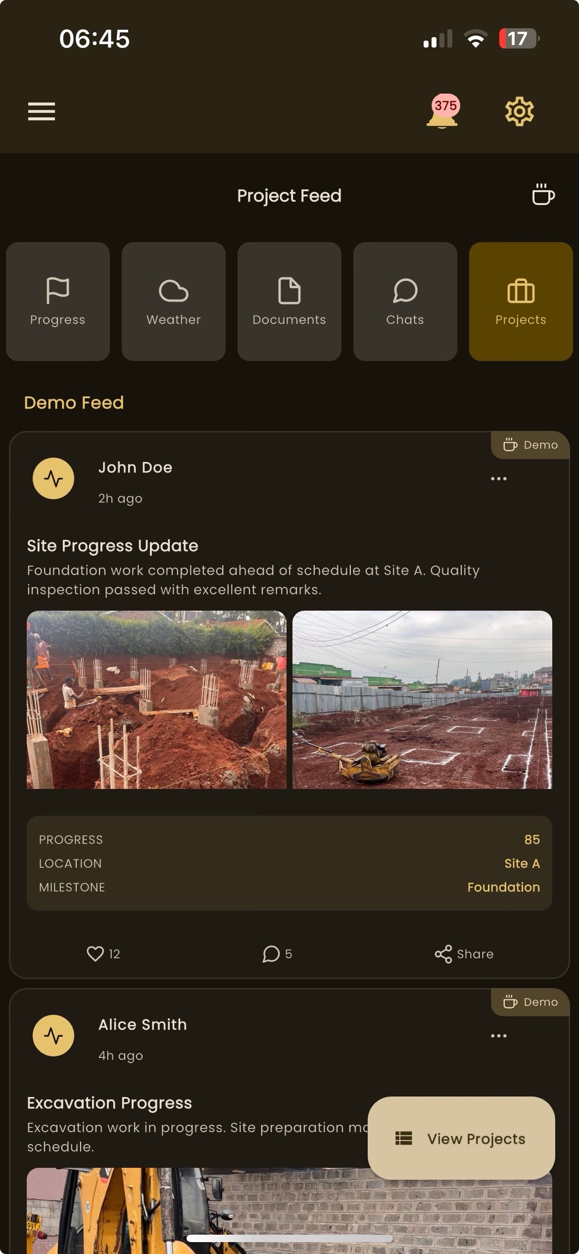 Inbuildr project feed on a phone