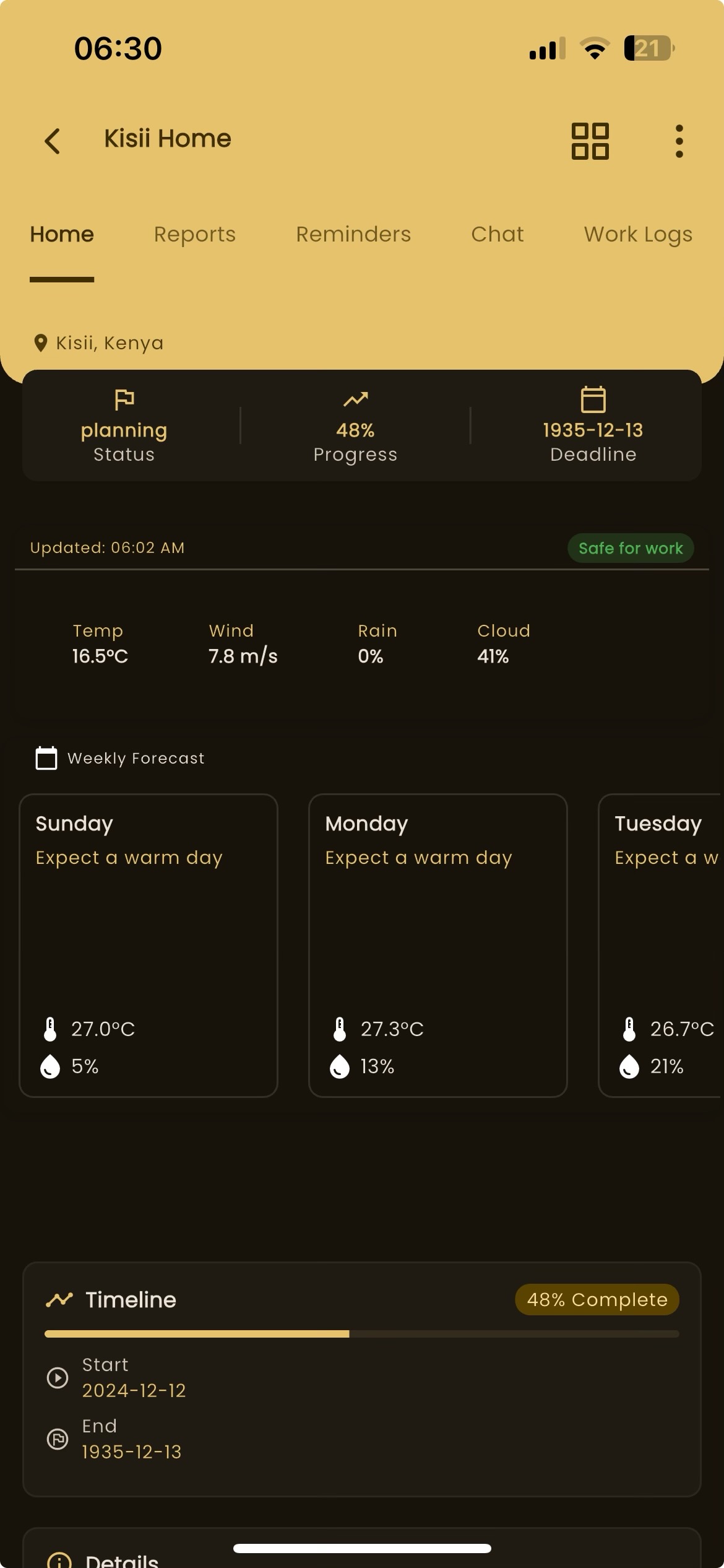 Weather forecast for a construction site